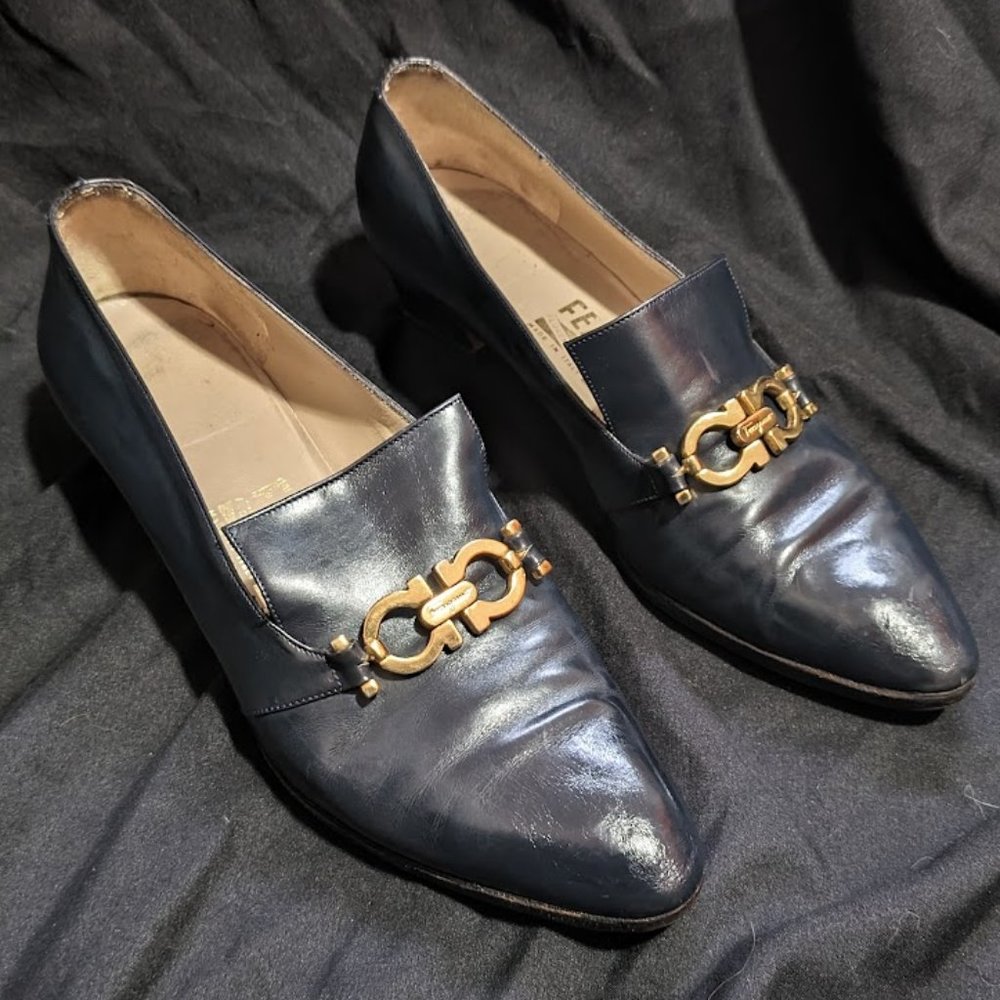 Women's Ferragamo Dark Blue Leather with Gold Gancini - Professionally Re-soled